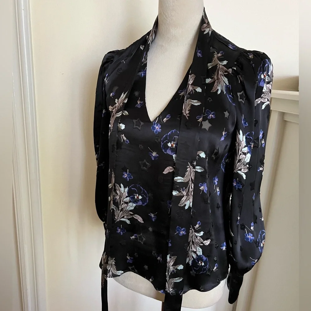 Rebecca Taylor Satin Burnout Scarf Neck Top - Violet Floral Size 4 - Picture 11 of 14